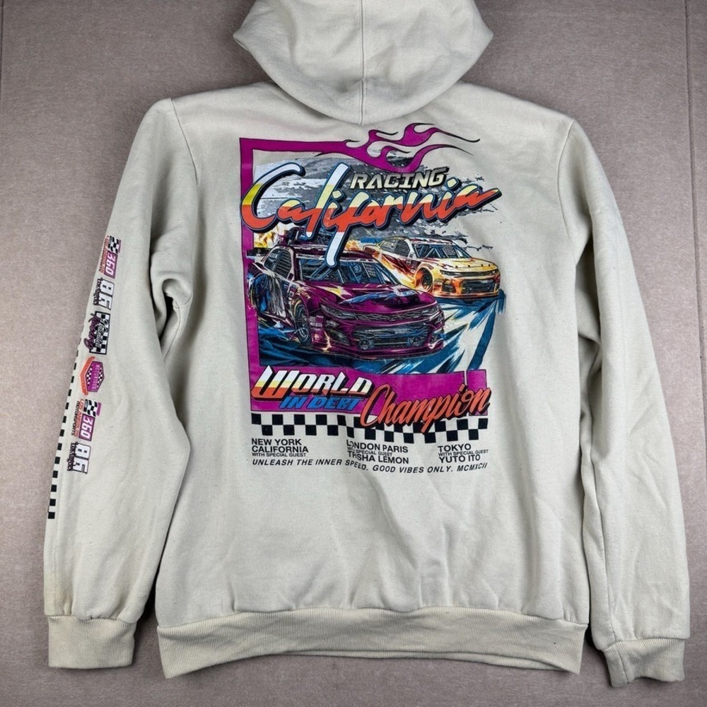 Fresh Laundry Pullover Hoodie Sweater Men L Beige California Racing Cars Graphic